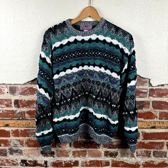 Vintage Concrete Mix Sweater Sz Large Blue Black Textured Abstract Crewneck 90s - Picture 1 of 5
